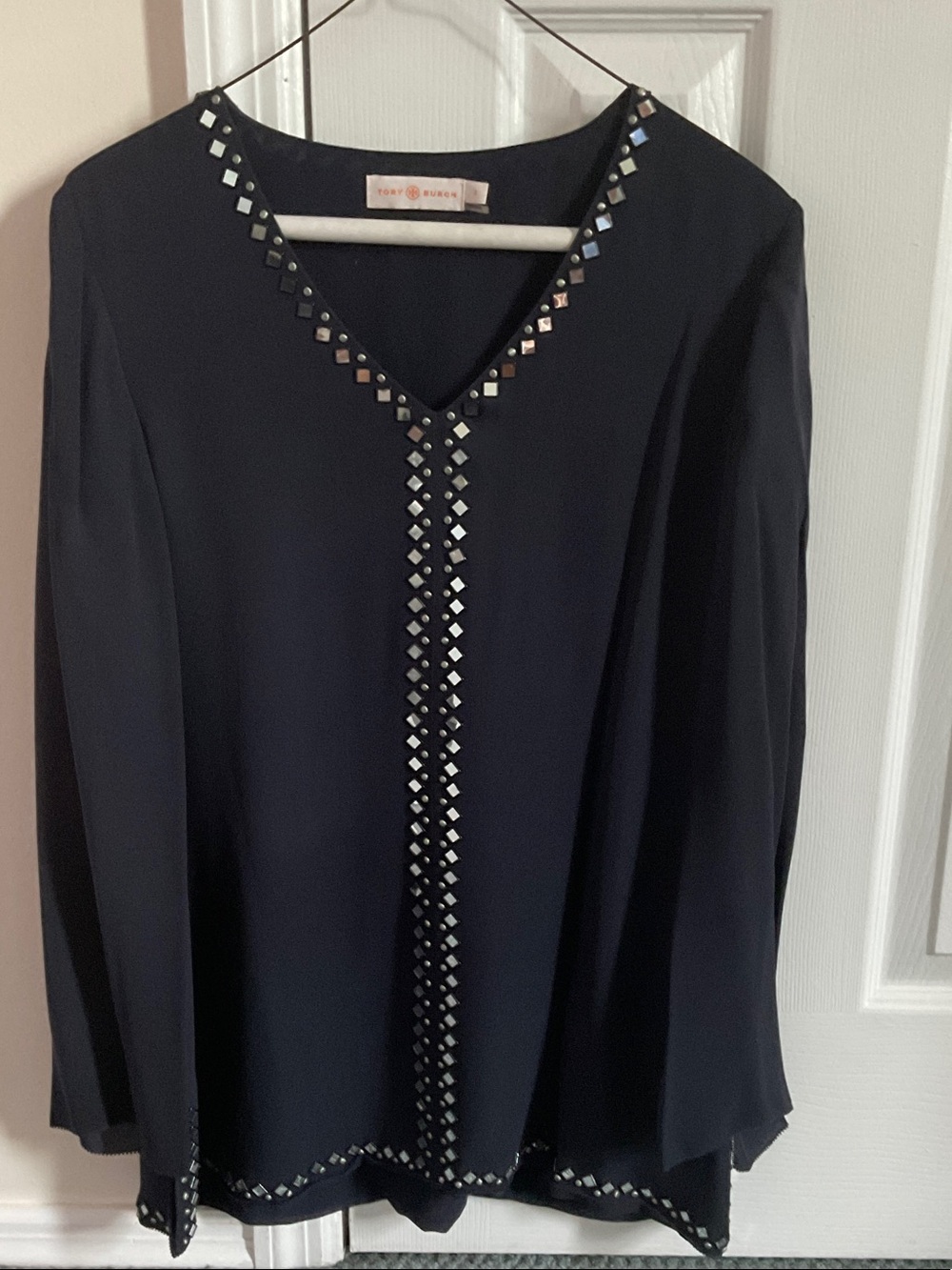 Tory Burch Navy V-Neck Tunic with Mirrored Square Trim